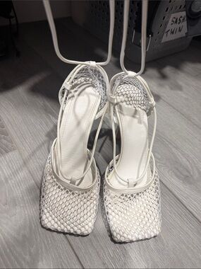 Women's White Lace-Up Mesh Square-Toe Heels